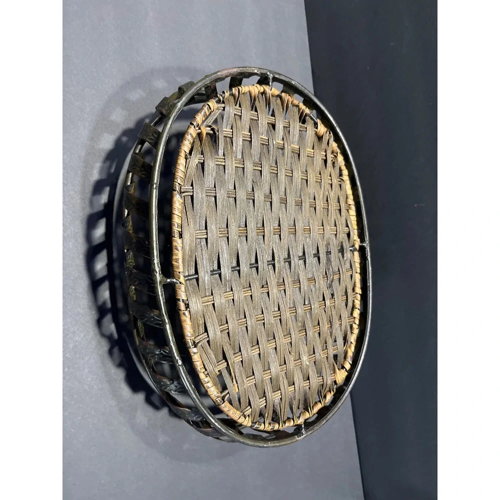 Vintage Woven Wicker and Metal Oval Serving Tray with Handles Rustic Home Decor